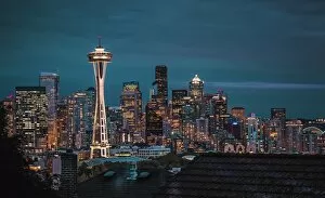 Top Section Gallery: Seattle city skyline at night with urban office buildings and Space Needle viewed