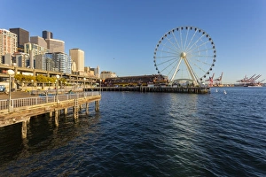 Ferris Wheel Prints: Seattle Great wheel on Pier 57 during the golden hour before sunset, Alaskan Way