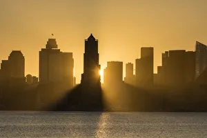 Seattle Prints: Seattle skyline at sunrise, as seen from Alki Beach, Seattle, Washington State, United