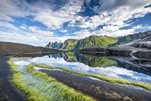 Tungeneset Prints: Seaweed on cliffs with mountains reflected in water in the background, Tungeneset, Senja