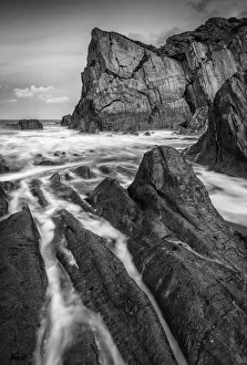 Secluded rocky cove on the North Devon coast in winter, Devon, England, United Kingdom