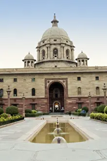 New Delhi Prints: The Secretariat, parliament buildings by Herbert Baker on Raisina Hill at the end of the Rajpath