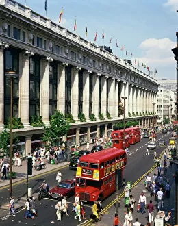 Shop Collection: Selfridges department store and old Routemaster bus before they were withdrawn