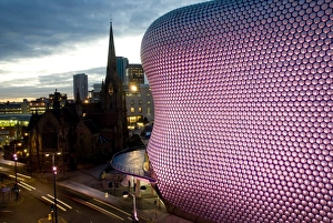 Department Stores Prints: Selfridges and St. Martins church at dusk, Birmingham, England, United Kingdom, Europe