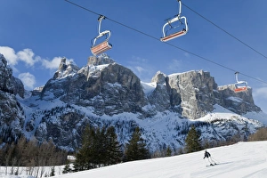 Sella Ronda ski area, Val Gardena, Sella Massif range of mountains under winter snow