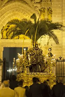 Holy Week Prints: Semana Santa (Holy Week) float with image of Christ outside Seville cathedral
