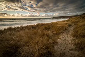 Sennen Beach in early evening, with Brissons and Cape Cornwall far distance, Sennen