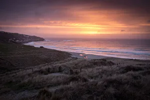 Waves Prints: Sennen Beach at sunset, Sennen, Cornwall, England, United Kingdom, Europe