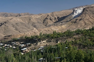 Typically Iranian Prints: Settlement under calcium carbonate mine at Barz, near Abyaneh, Iran, Middle East