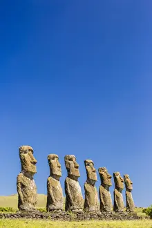 Seven Moai at Ahu Akivi, the first restored altar on Easter Island (Isla de Pascua) (Rapa Nui), UNESCO World Heritage Site, Chile, South America
