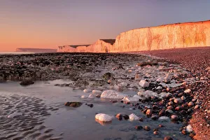 Seven Sisters Prints: The Seven Sisters chalk cliffs at sunset