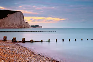 Wood Prints: Seven Sisters Cliffs from Cuckmere Haven Beach, South Downs, East Sussex