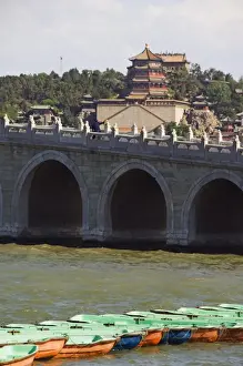 Yihe Yuan Prints: Seventeen Arch Bridge on Kunming Lake built in 1750 during Emperor Qialongs reign leads to South Lake Island