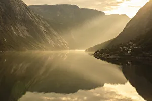 Eidfjord Prints: Shafts of light enter misty, beautiful Eidfjord, fjord reflections, Hardangerfjord