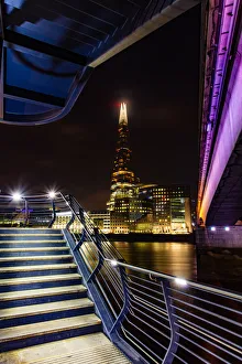 Light Beam Prints: The Shard and London Bridge at night, London, England, United Kingdom, Europe