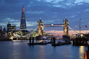 River Thames Gallery: The Shard and Tower Bridge on the River Thames at night, London, England, United Kingdom, Europe