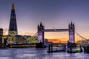 Tower Bridge Prints: The Shard with Tower Bridge and River Thames at sunset, London, England, United Kingdom