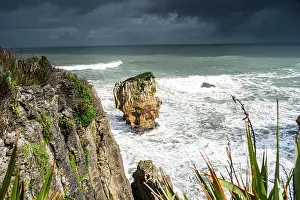 Stack Prints: Sharp Limestone Cliffs with Isolated Sea Stack at Pancake Rocks