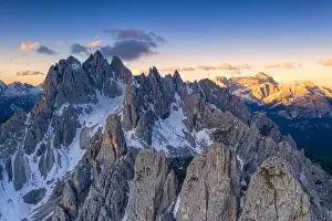 Sharp pinnacles of Cadini di Misurina mountains at sunrise, Dolomites, Belluno province