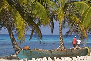 Shells in front of canoe filled with coconut husks, Laughing Bird Caye