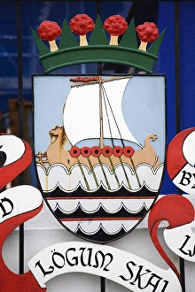 Coats Of Arms Prints: Shetland Islands crest on welcome sign, Lerwick town, Mainland Island, Shetland Islands