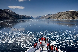 Ice Berg Prints: Ship in drift ice, Prince Christian Sund, Greenland, Arctic, Polar Regions