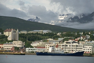 Akureyri Prints: Ship in harbour and waterfront buildings and cathedral
