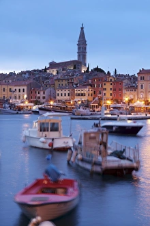 Rovinj Prints: Ships and boats in the harbour and the old town with cathedral of St