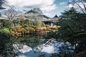 Nikko Prints: Shiunkaku Buddhist Temple's garden and Rin-no-ji Treasure House with autumn colors in Nikko