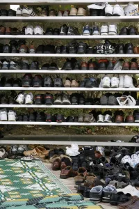 Shelf Prints: Shoes outside a mosque, Lyon, Rhone Alpes, France, Europe