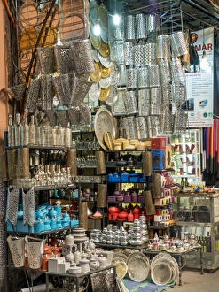Typically Moroccan Prints: Shop in the Medina souk, Marrakech, Morocco, North Africa, Africa
