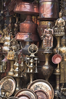 Brassware Prints: Shop selling brassware in street bazaar, Kathmandu, Nepal, Asia