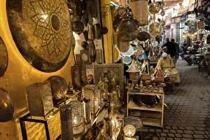 Lamp Prints: Shop selling traditional metal lamps and trays in the souks