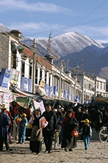 Tibetan Prints: Shopping street in new Chinese district, Lhasa, Tibet, China, Asia