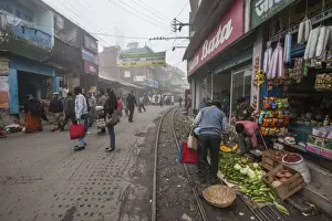Vegetables Prints: Shops display products arriving thanks to the Indian Railways, Darjeeling, India, Asia