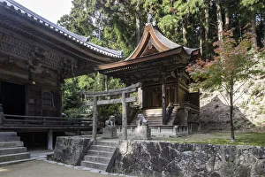 Traditionally Japanese Prints: Shoshazan Engyo-ji temple on Mount Shosha, Himeji, Kansai, Japan, Asia