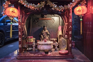 Malaysian Prints: Shrine in Chinatown at night, Kuala Lumpur, Malaysia, Southeast Asia, Asia