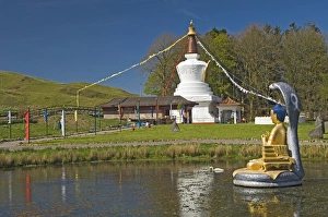 The Shrine Pond with cobra canopy prayer flags and stupa