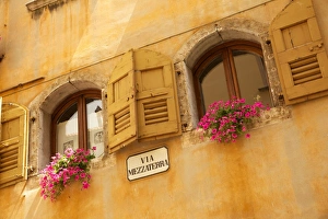 Belluno Prints: Shuttered windows and flowers, Piazza Mercato