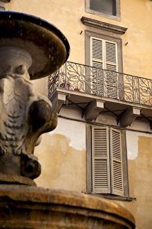 Balconies Prints: Shuttered windows and fountain, Bergamo, Lombardy, Italy, Europe