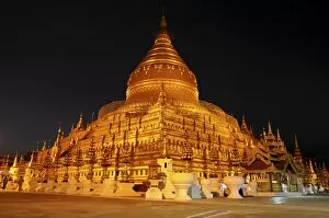 Shwe Zigon Paya, a golden temple at night in Bagan area, Myanmar, Asia