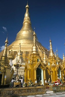 Burmese Prints: Shwedagon Paya (Shwe Dagon Pagoda), Buddhist temple, golden zedi (stupa) in paya compound