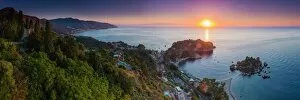Panorama Gallery: The Sicilian coast at sunrise, showing Isola Bella Beach, Taormina, Sicily, Italy, Mediterranean