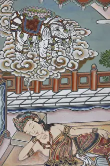 Elephants Prints: Siddartha Gautamas mother dreaming of a white elephant presenting her with a lotus
