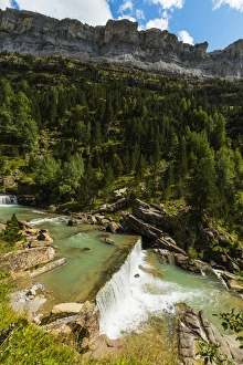 Aragon Prints: Sierra de las Cutas on the south rim above a Rio Arazas waterfall, Ordesa Valley