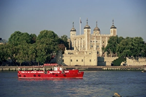 Thames Prints: Sightseeing boat on the River Thames, and the Tower of London, UNESCO World Heritage Site