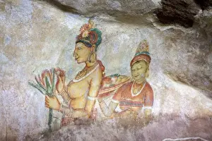 Sigiriya (Lion Rock) frescoes or ancient wall paintings, UNESCO World Heritage Site, Sri Lanka, Asia