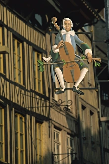 Sign outside music shop in Rue Eau de Robec, Rouen, Seine-Maritime, Haute Normandie