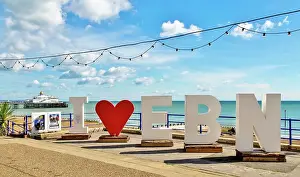 Heart Shape Prints: Sign welcoming visitors and holidaymakers on the seafront at Eastbourne