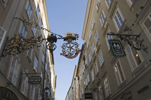 Images Dated 16th February 2008: Signs in Getreidegasse the main shopping streeet, Salzburg, Austria, Europe